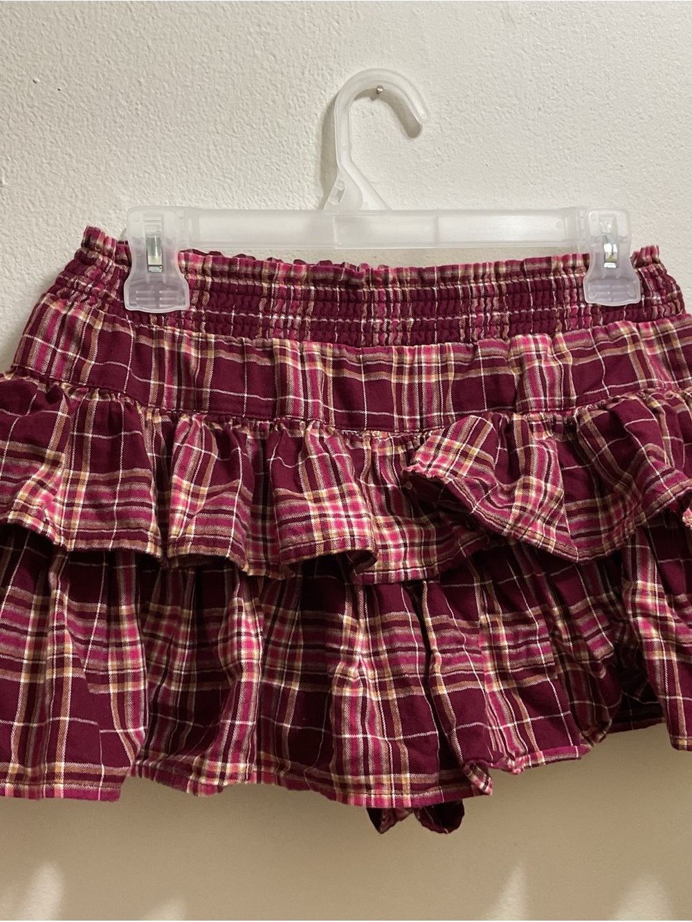 No Boundaries Burgundy Plaid Ruffle Mini Skirt